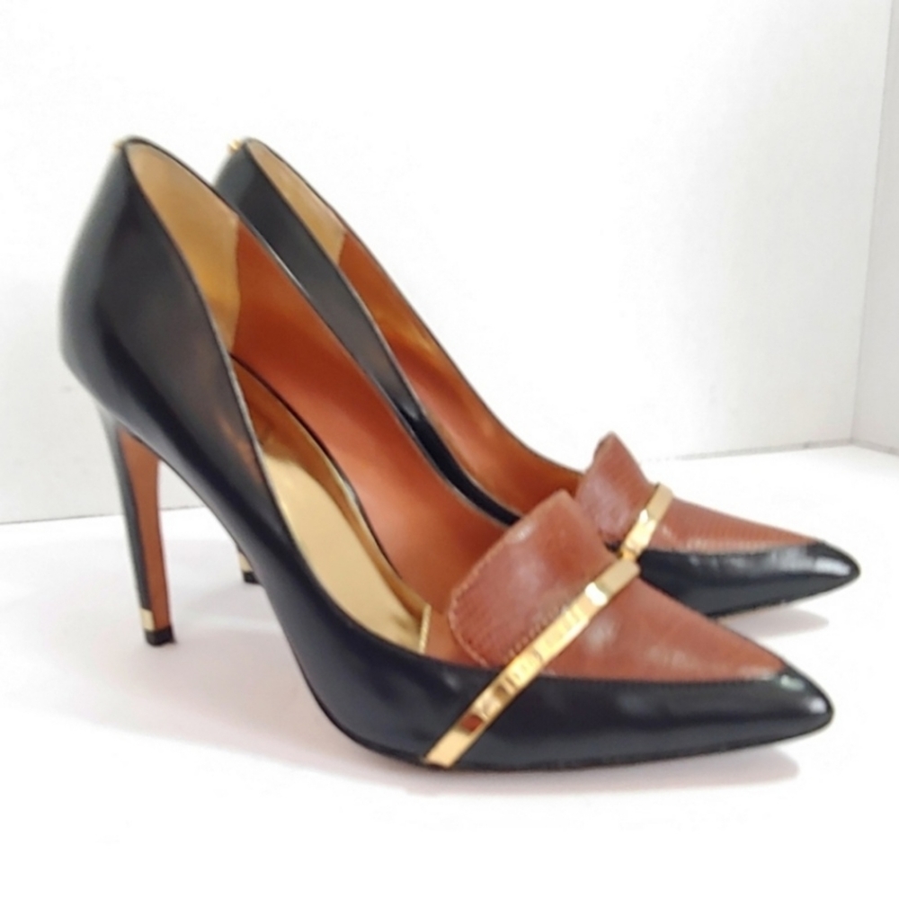 Ted Baker Two-Tone Black and Brown Pointed Toe Heels with Gold Bar - Picture 7 of 12